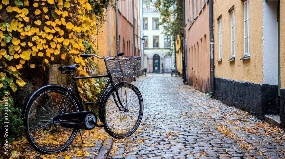 Black bicycle parked on cobblestone street, autumn leaves, yellow buildings. Black bicycle parked on cobblestone street, autumn leaves, yellow buildings.