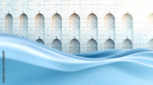 Modern Mosque Wall Design Featuring Flowing Water and Gradient Sky photo