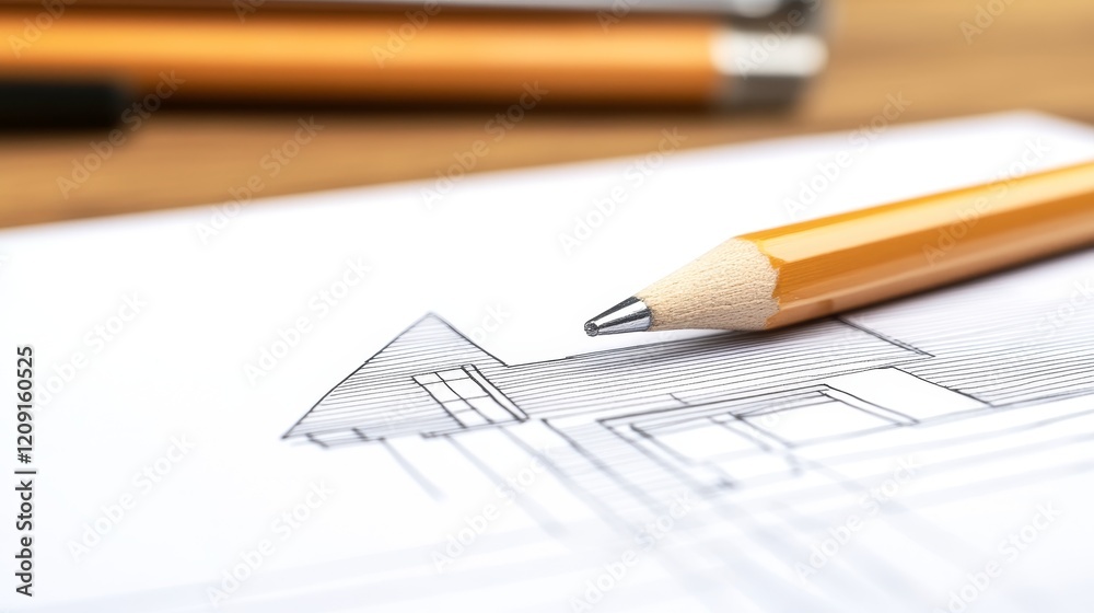 A close-up of a pencil sketch of a house on paper, symbolizing architectural design. A close-up of a pencil sketch of a house on paper, symbolizing architectural design.