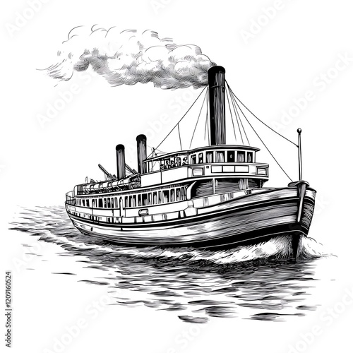 Vintage steamboat sailing on water, detailed ink drawing.