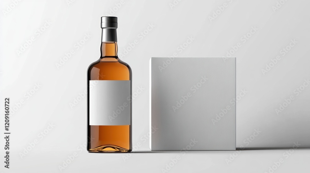 Amber glass bottle with blank label and white box on white background. Amber glass bottle with blank label and white box on white background.