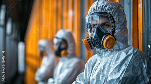 Industrial Worker in Protective Hazmat Suit and Respirator Mask
