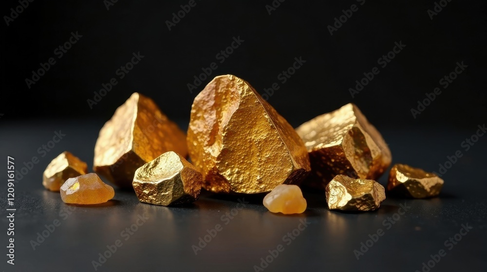 Luminous Gold Nuggets and Amber Stones on a Dark Surface A Luxurious Still Life Composition Luminous Gold Nuggets and Amber Stones on a Dark Surface A Luxurious Still Life Composition