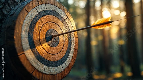 An arrow strikes the center of a wooden archery target in a forest setting.