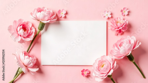 Wallpaper Mural Flat lay of a clean white paper sheet with pink carnations on pink background top view close-up. Mothers day mockup design of greeting card. Template of gift certificate or voucher. Card blank Torontodigital.ca