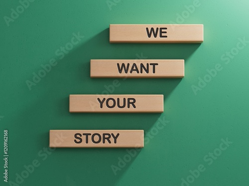We want your story symbol. Concept words We want your story on wooden blocks.Business and We want your story concept. Copy space.3D rendering on green background.