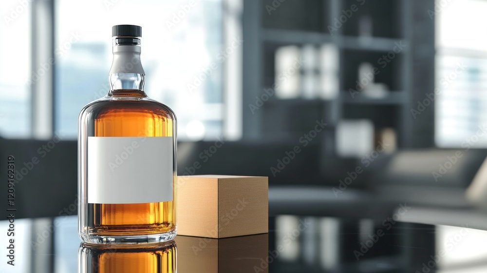 Amber liquid in glass bottle with blank label, beside cardboard box, on reflective surface. Amber liquid in glass bottle with blank label, beside cardboard box, on reflective surface.