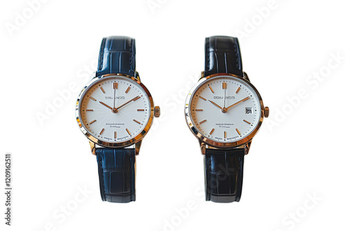Elegant pair of luxury watches with leather straps and classic design for collectors isolated on transparent background