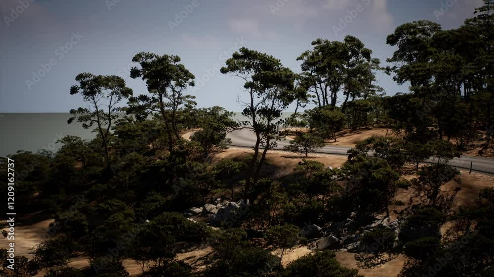 Lush trees line a winding road along the scenic coast, where the shoreline meets the water under a clear sky. The tranquil atmosphere invites exploration and relaxation. Lush trees line a winding road along the scenic coast, where the shoreline meets the water under a clear sky. The tranquil atmosphere invites exploration and relaxation.