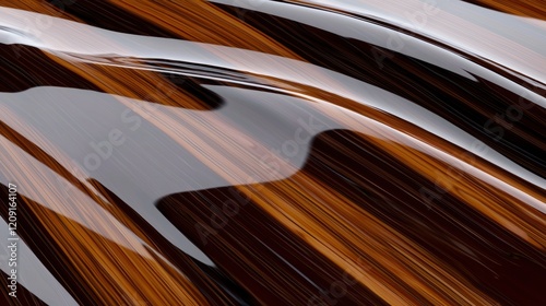 A close-up view of a glossy surface with alternating dark and light brown stripes.