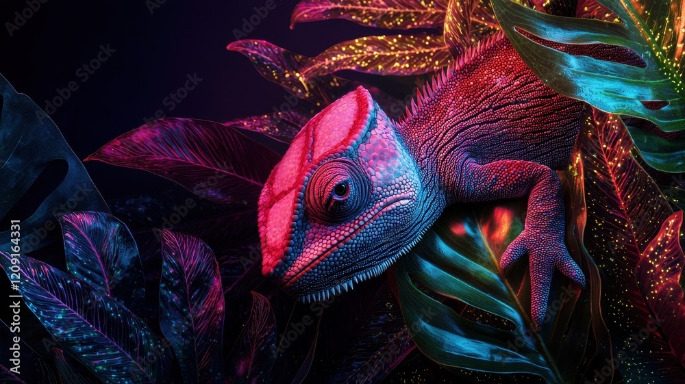Obraz premium Vibrant lizard amidst colorful foliage in a dark setting.