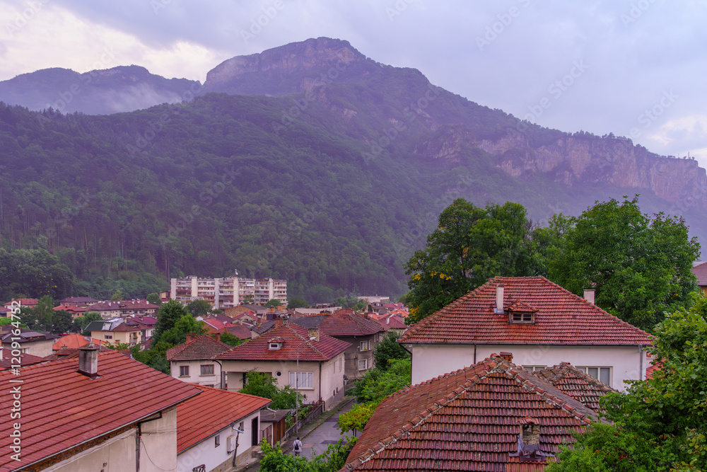 Sunrise view of the town of Teteven