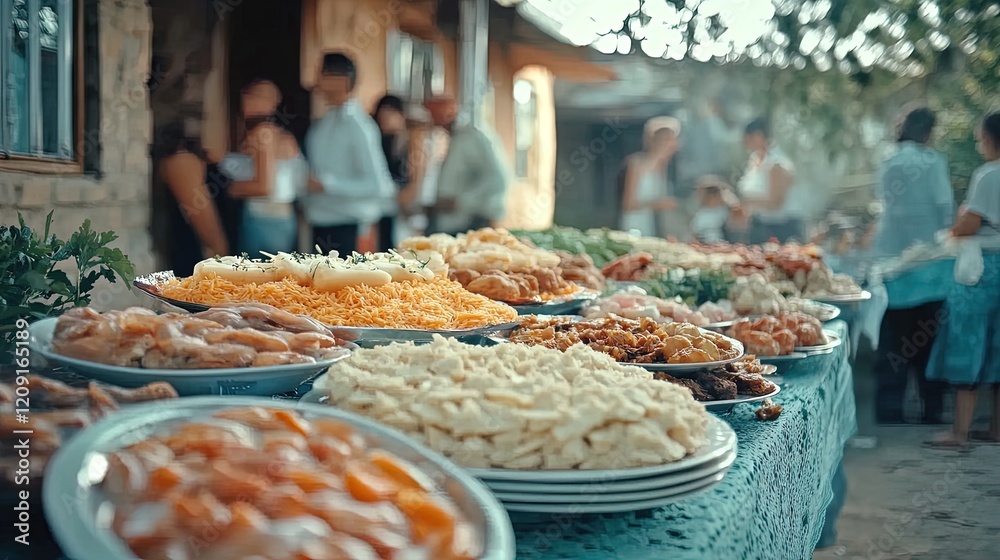 Fototapeta premium vibrant celebration: a colorful table of traditional foods honoring workers' dedication and culture – perfect as a poster for sports interiors!