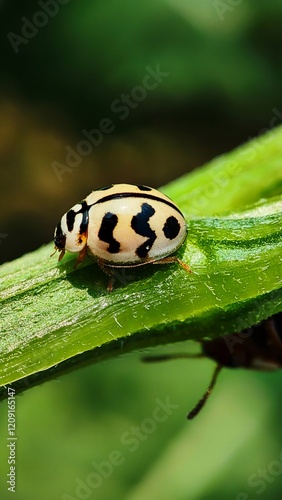 Detailed photo of an Olla v-nigrum, a beneficial predator of aphids and other garden pests. Ideal for scientific research, education, or agricultural publications.