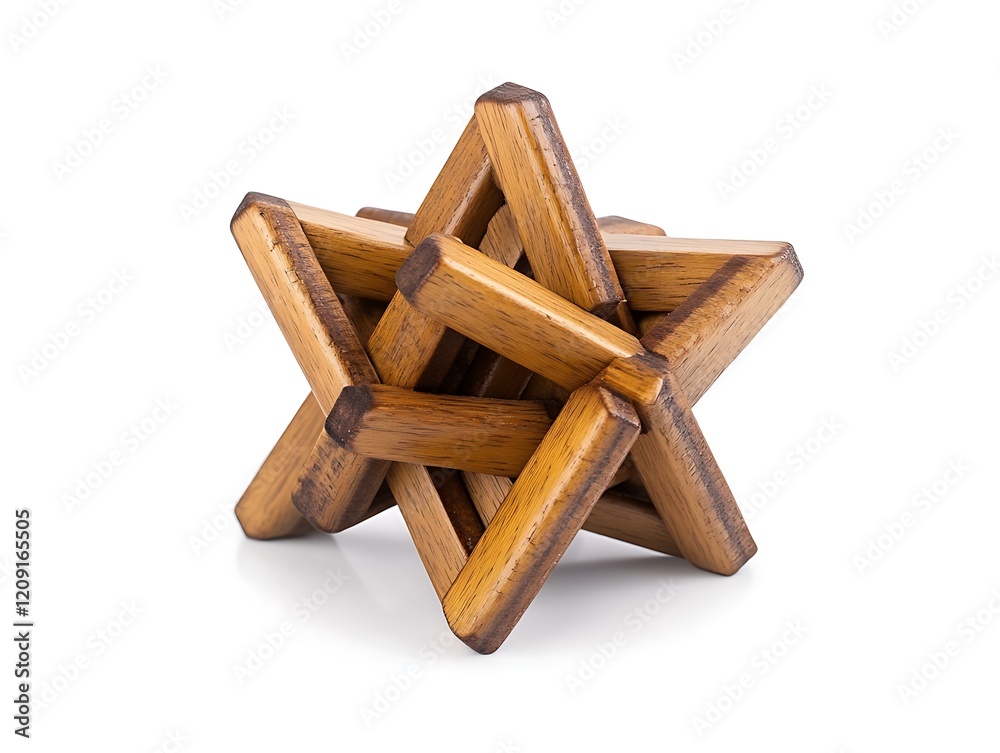 Detailed 3D star-shaped wooden puzzle with polished finish isolated Detailed 3D star-shaped wooden puzzle with polished finish isolated