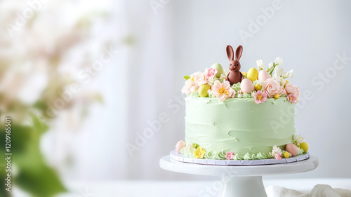 Easter pastel green cake adorned with spring flowers, mini eggs, and chocolate bunny on top, displayed on white stand. Concept of Easter celebrations, seasonal desserts, and playful elegance photo