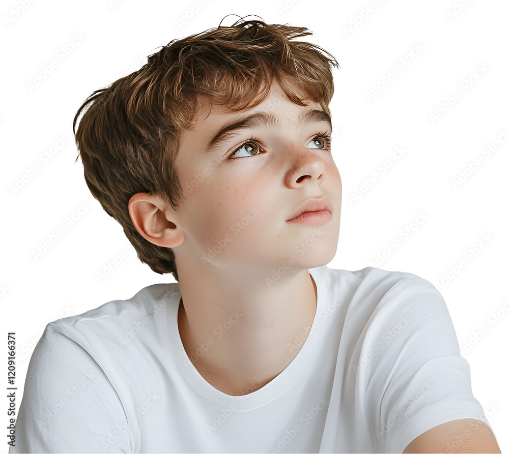 Thoughtful Boy: A portrait of a young boy with light brown hair, looking thoughtfully upward, conveying a sense of curiosity and contemplation. He's wearing a simple white t-shirt. Thoughtful Boy: A portrait of a young boy with light brown hair, looking thoughtfully upward, conveying a sense of curiosity and contemplation. He's wearing a simple white t-shirt.