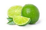 lime with water drops and slice isolated on transparent background.