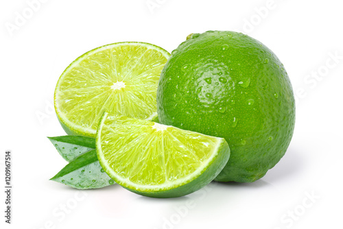 lime with water drops and slice isolated on transparent background.