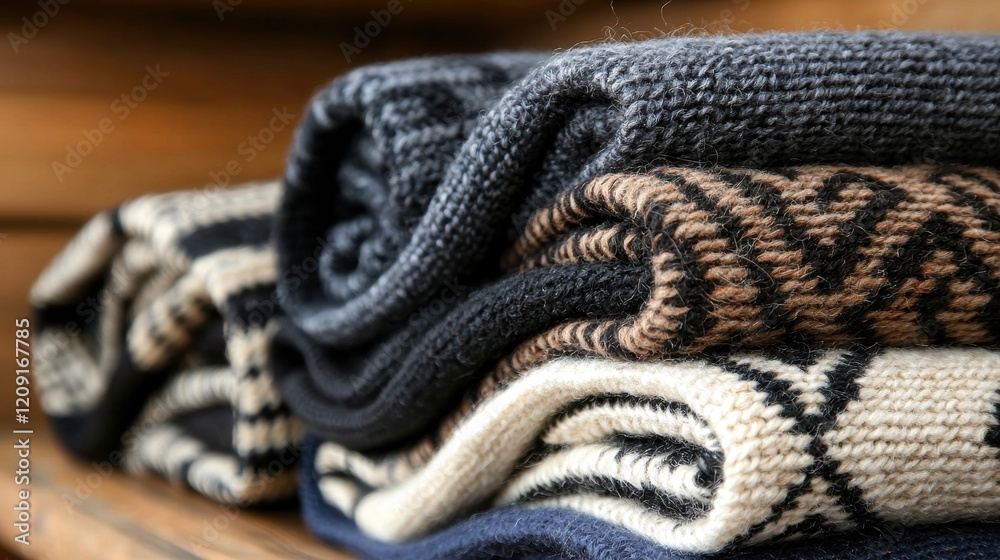 Fototapeta premium A stack of knitted sweaters in various colors and patterns.