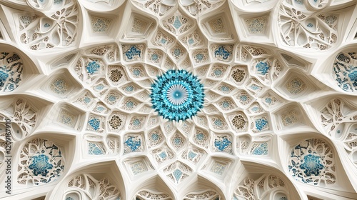 Intricate ceiling detail with light blue and white geometric patterns.