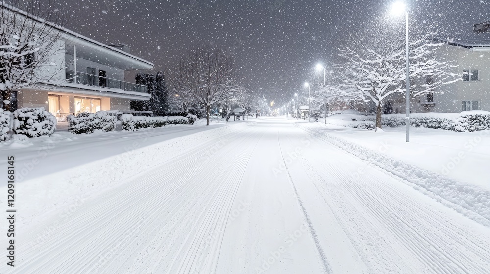 Snowy residential street at night, illuminated, winter scene, calm atmosphere, ideal for winter travel or holiday cards Snowy residential street at night, illuminated, winter scene, calm atmosphere, ideal for winter travel or holiday cards