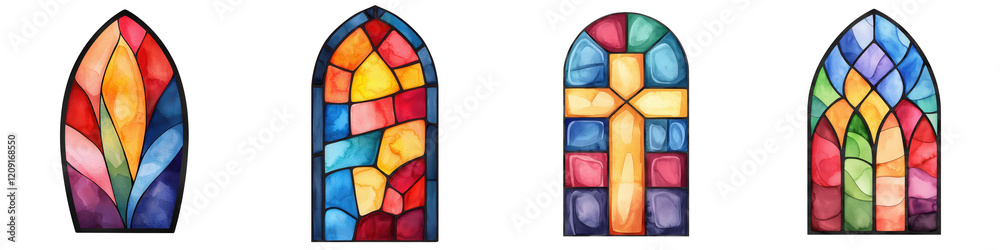 Fototapeta premium Colorful stained glass windows with religious themes and designs, isolated on transparent background.