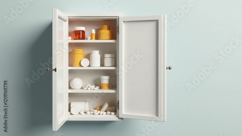 White medicine cabinet with various pills and containers open on a light blue wall