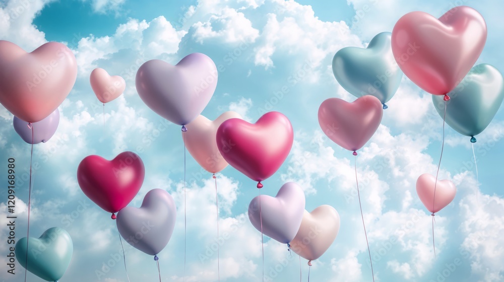 Heart-shaped balloons floating in the sky with pastel colors and white clouds. Love. Freedom. Lightness. Romantic Celebration. Perfect for Valentine's Day or Love-themed Projects.
Heart-shaped balloons floating in the sky with pastel colors and white clouds. Love. Freedom. Lightness. Romantic Celebration. Perfect for Valentine's Day or Love-themed Projects.