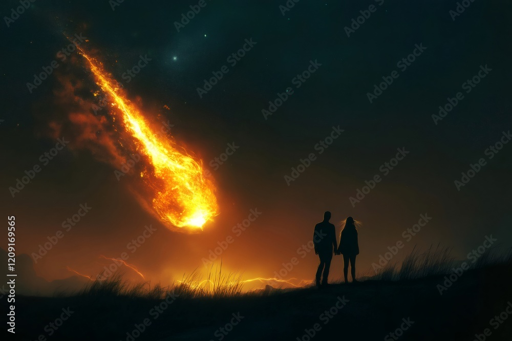 Fototapeta premium Romantic couple holding hands watching a burning meteor falling from the night sky, creating a dramatic and surreal atmosphere