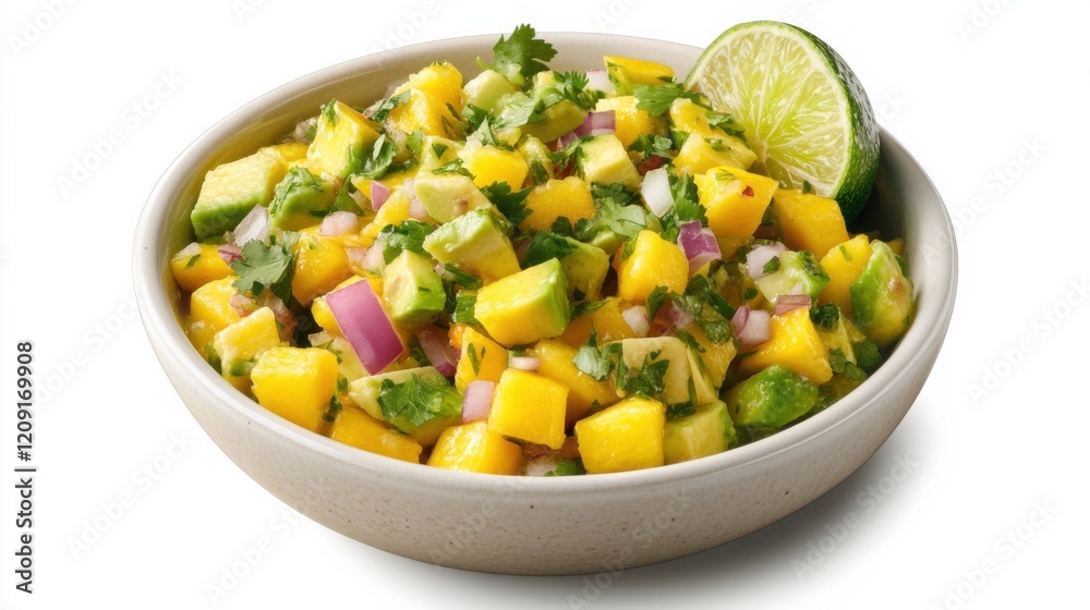 A bowl of tangy mango avocado salsa with diced mango, avocado, red onion A bowl of tangy mango avocado salsa with diced mango, avocado, red onion