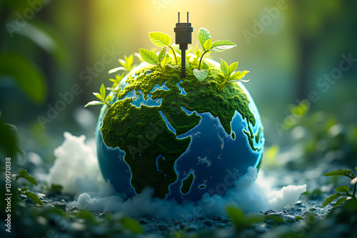 Earth with power plug covered in plants symbolizing renewable energy and sustainability