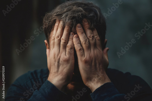 Caucasian man hiding face with hands experiencing grief, depression, anxiety, and mental health issues