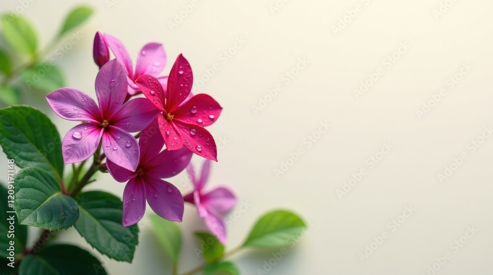 Vibrant Pink and Red Flowers with Dew Drops on Petals and Lush Green Foliage Against a Soft Beige Background Vibrant Pink and Red Flowers with Dew Drops on Petals and Lush Green Foliage Against a Soft Beige Background