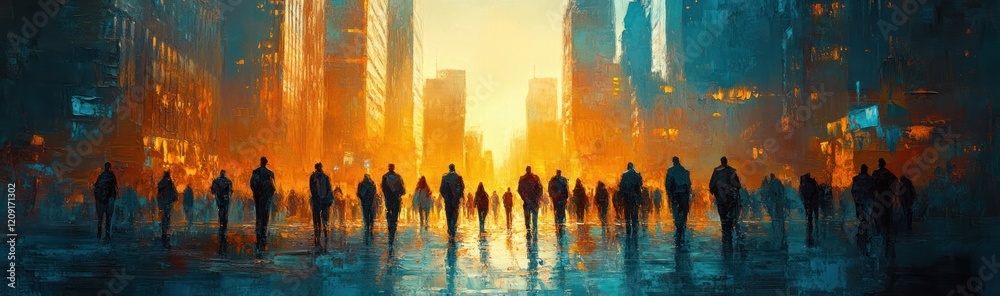 Fototapeta premium Impressionist Painting of Vibrant Diverse Crowd in Dynamic Cityscape