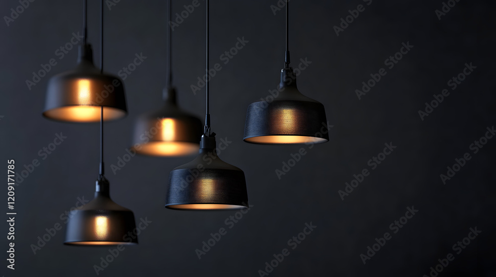 Fototapeta premium Modern decorative electric lamps on ceiling in dark room with space for background.