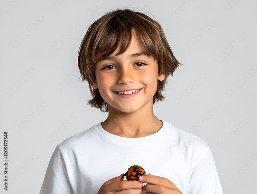 Smiling Boy with Chocolate: A cheerful young boy with short brown hair beams at the camera, proudly holding a delicious-looking chocolate treat. His bright smile and genuine happiness are infectious. Smiling Boy with Chocolate: A cheerful young boy with short brown hair beams at the camera, proudly holding a delicious-looking chocolate treat. His bright smile and genuine happiness are infectious.