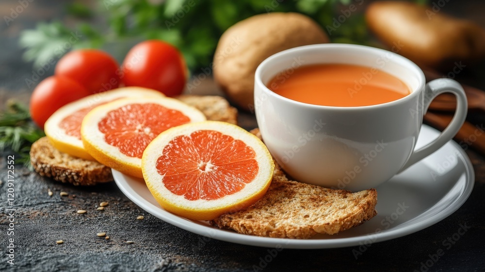 Freshly Brewed Tea Served with Yummy Slices of Grapefruit, Toast and Cherry Tomatoes on Wooden Table Surrounded by Greenery for a Healthy Breakfast Experience Freshly Brewed Tea Served with Yummy Slices of Grapefruit, Toast and Cherry Tomatoes on Wooden Table Surrounded by Greenery for a Healthy Breakfast Experience