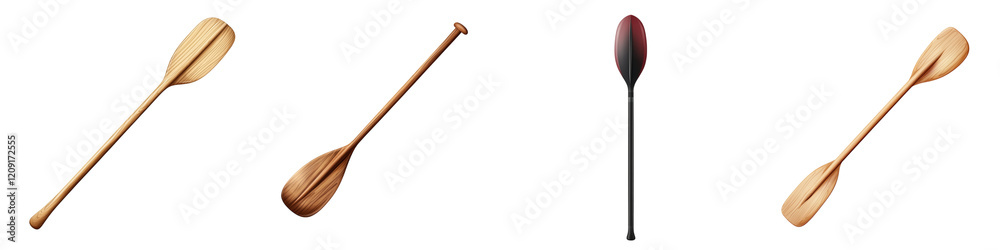 Four paddles of varying designs and materials, showcasing different shapes and colors, primarily used in water sports. Four paddles of varying designs and materials, showcasing different shapes and colors, primarily used in water sports.