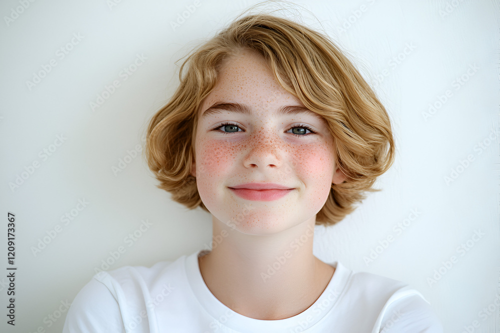 Smiling Girl Portrait: A charming portrait of a young girl with a warm smile, showcasing her freckles and light brown, wavy hair. Her gentle expression evokes a sense of innocence and happiness. Smiling Girl Portrait: A charming portrait of a young girl with a warm smile, showcasing her freckles and light brown, wavy hair. Her gentle expression evokes a sense of innocence and happiness.