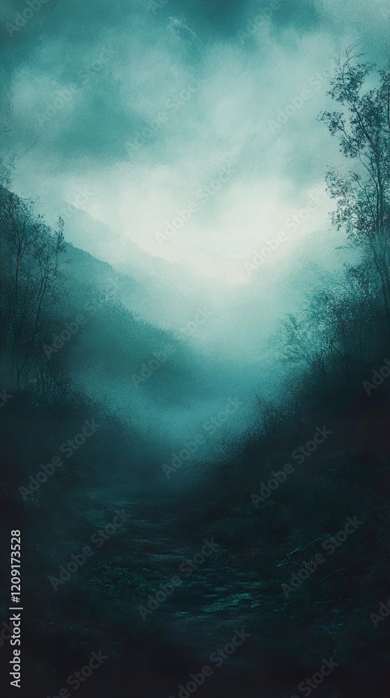 Fototapeta premium Misty Mountain Valley: A Serene Landscape Painting