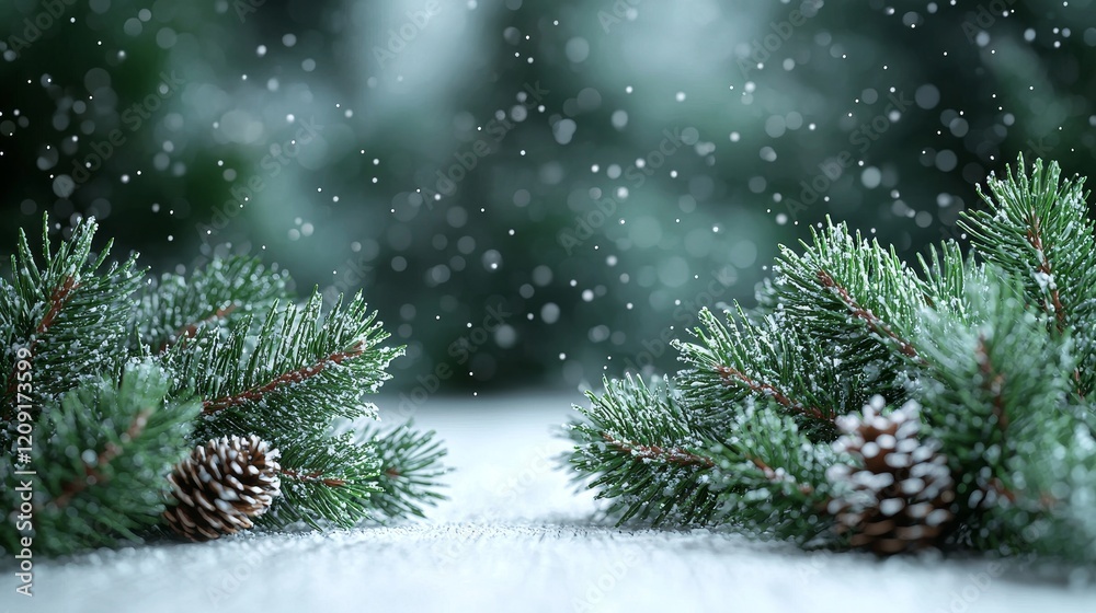 Snowy winter scene with pine branches and cones enchanted forest nature photography tranquil atmosphere Snowy winter scene with pine branches and cones enchanted forest nature photography tranquil atmosphere