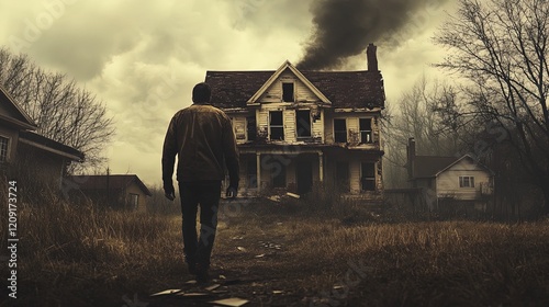 A man walking away from a house with broken windows, symbolizing the emotional destruction of a failed relationship