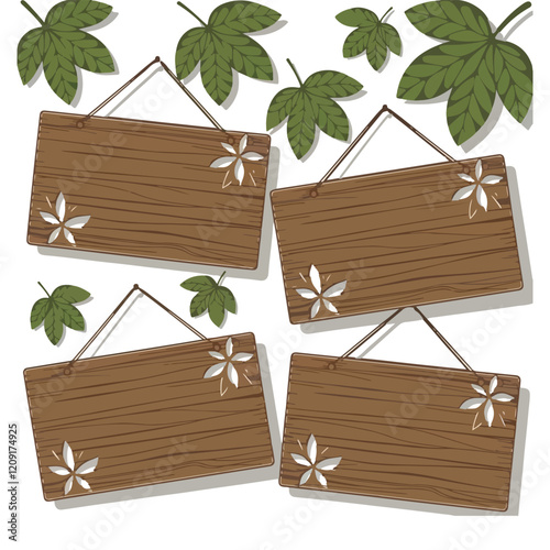 Empty Wooden Signboard Hanging With Green Leaves illustration White Background