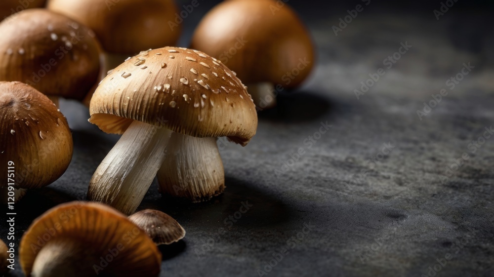 A cluster of mushrooms stands out against a dark background, showcasing their unique shapes and textures. A cluster of mushrooms stands out against a dark background, showcasing their unique shapes and textures.