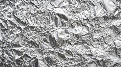 Close-up of crumpled aluminum foil with light reflection and shadows. Creative design use. Aluminum foil texture for art and visuals. Texture. Reflection. Crumpled beauty. Industrial elegance.