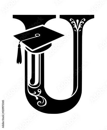 Graduation Cap on Letter U Symbol, Black and white illustration of the letter U wearing a graduation cap, symbolizing education, academic success, and scholarly achievement.  
  
