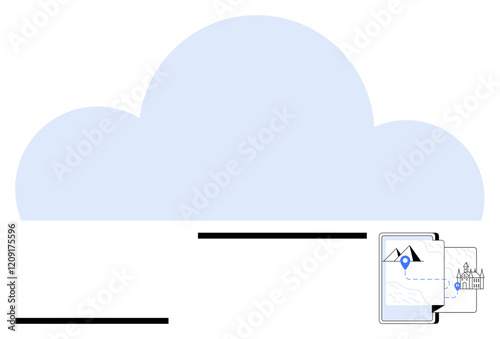 Blue cloud icon with embedded geolocation maps and travel landmarks indicating digital storage. Ideal for data, cloud storage, geolocation, mapping apps, travel planning, technology, abstract line