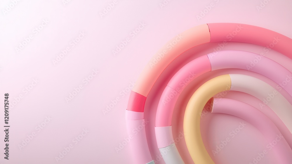 Fototapeta premium Colorful flexible tubes arranged in a curve on a soft pink background.