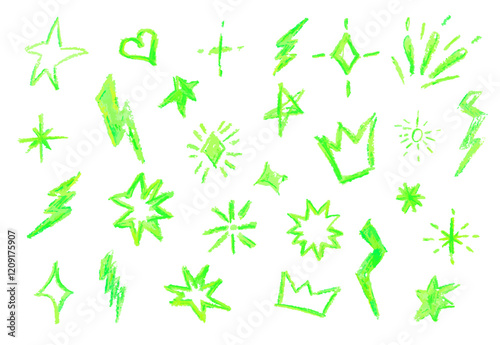 Crayon firecracker stars heart and crown in acid green color. Collection of rock n roll design elements. Grunge texture punk and grafitty symbols. Cartoon charcoal handdrawn icons, vector illustration